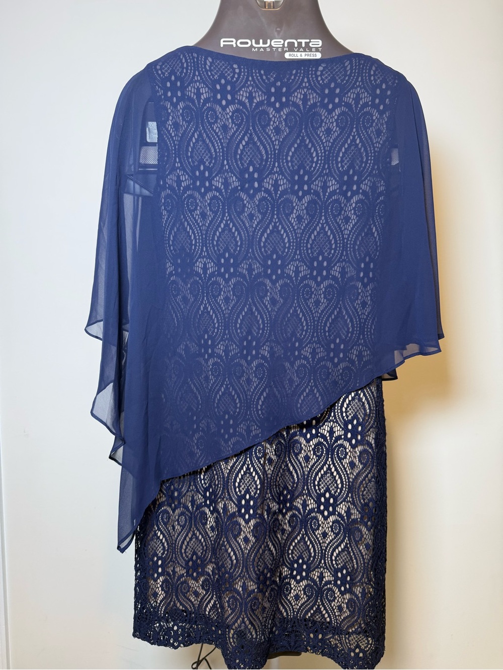 Navy Lace Overlay Dress with Chiffon Cape